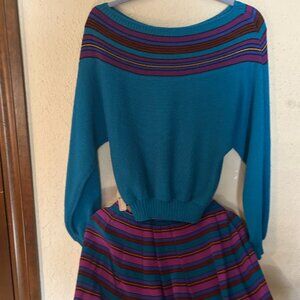 Anne Crimmins Teal Blue Sweater & Silk Skirt Set